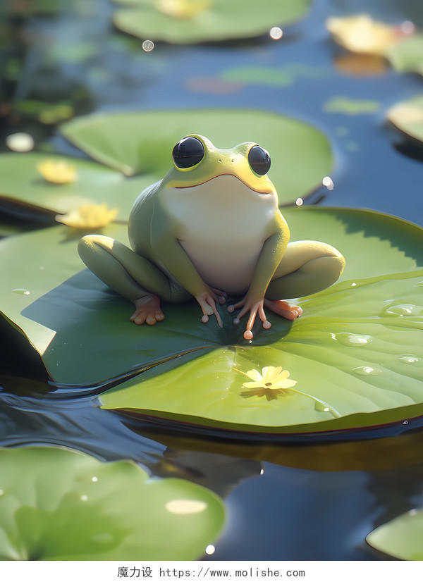 夏季皮克斯风格青蛙蹲在荷叶上的场景